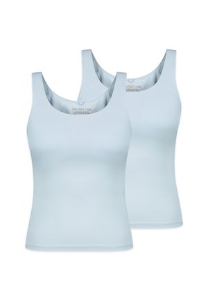 Two light blue sleeveless tank tops with round necklines, shown layered on a white background.