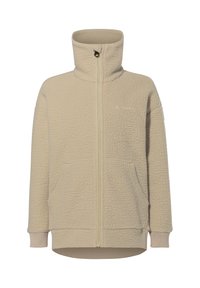 Giacca in pile beige con collo alto, zip completa, tasche frontali e polsini a costine. Texture morbida con una finitura leggermente pelosa.