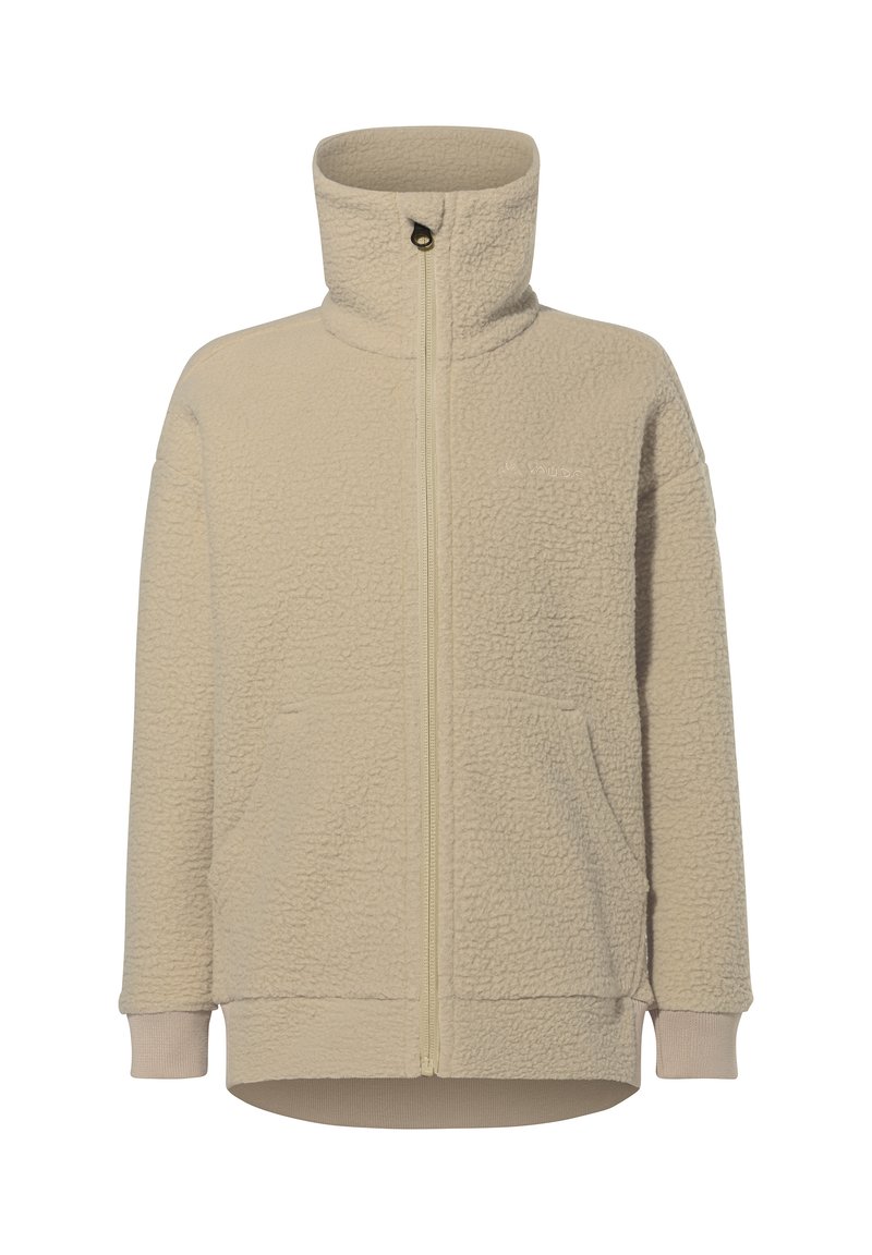 Giacca in pile beige con collo alto, zip completa, tasche frontali e polsini a costine. Texture morbida con una finitura leggermente pelosa.