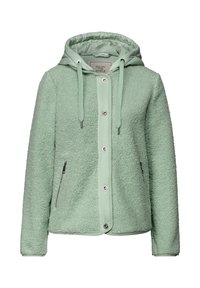 Giacca in pile verde chiaro con cappuccio imbottito, bottoni a pressione frontali, tasche laterali con zip e lacci sul cappuccio.