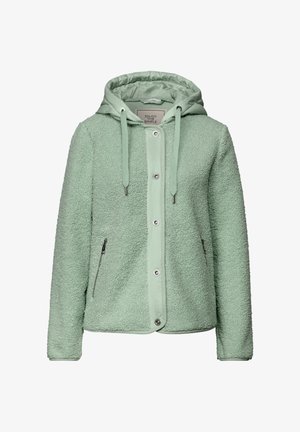 Lys grøn fleecejakke med en polstret hætte, frontknapper, lynlåslommer og snoretræk i hætten.