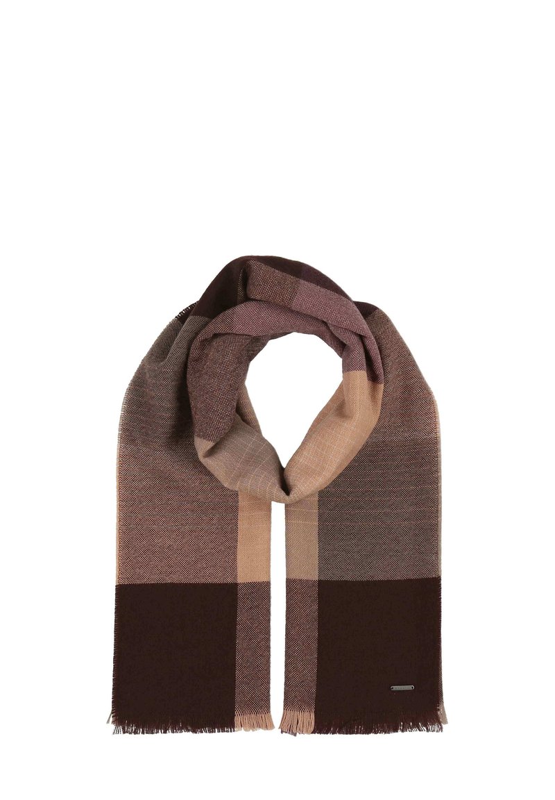 Sciarpa lavorata a maglia con un motivo geometrico in marrone scuro, malva e beige. Bordo rifinito con frange leggere e un piccolo etichetta del marchio.