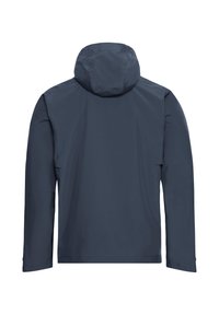 Marineblaue wasserdichte Jacke mit Kapuze, mit glatter Oberfläche, langen Ärmeln und minimalistischem Design, ohne sichtbare Verschlüsse oder Muster.