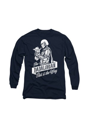 Black long-sleeve shirt with white graphic of a helmeted figure holding a small alien and the text "The DADALORIAN This is the Way."