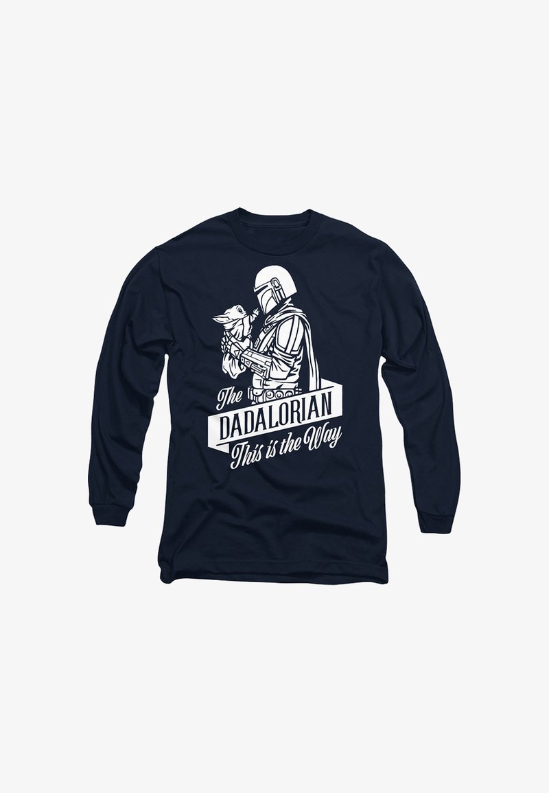 Black long-sleeve shirt with white graphic of a helmeted figure holding a small alien and the text "The DADALORIAN This is the Way."