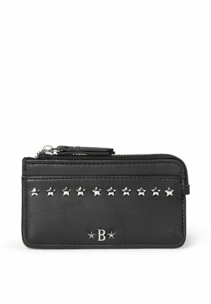 Black leather zippered wallet with a row of silver star studs and a letter B flanked by two stars on the front.