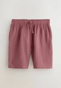 Shorts mauve à texture douce avec une taille élastique et un cordon central, présentés à plat sur un fond clair.