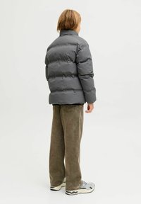 Grå pufferjakke med høj krave og quiltet design. Båret over mørkegrønne vide bukser og grå sneakers. Texturen ser glat ud.