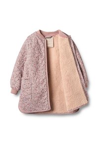 Quiltet jakke i lyserøde og beige nuancer med blødt fleecefor, ribstrikkede manchetter, rund halsudskæring og sidelommer.