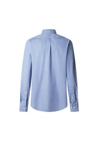 Lichtblauwe langemouwen shirt van gestructureerde stof, met een button-down kraag, rechte snit en knoopmanchetten, met een plooi detail op de achterkant.