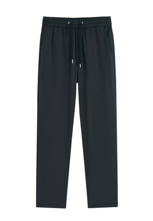 Pantalon décontracté noir avec ceinture élastique et cordon, coupe droite et poches latérales.
