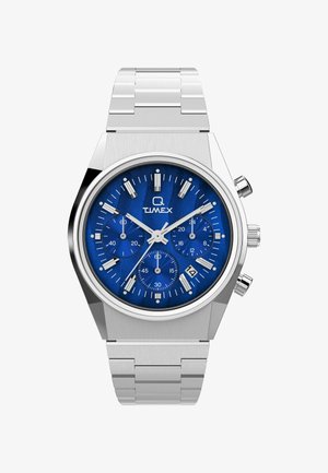 Orologio da polso in acciaio inossidabile argentato con quadrante blu texturizzato, indici bianchi, tre sottomisure e una finestra della data a ore 6.