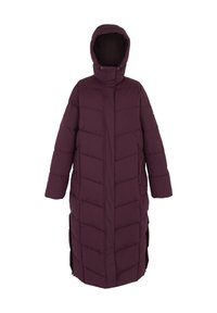 Long manteau d'hiver matelassé de couleur violet foncé avec une capuche, une fermeture éclair complète à l'avant et des fentes latérales, présenté sur un fond blanc uni.