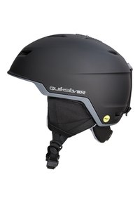 Matte zwarte Quiksilver sk helmet met verstelbare kinband, ventilatieopeningen, oorbescherming en gele Mips veiligheidssticker.