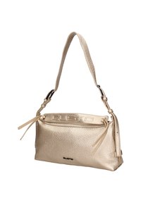 Borsa a tracolla in pelle dorata metallizzata con superficie texturizzata, una singola tracolla e un logo impresso sulla parte superiore, con lacci decorativi.