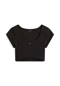 T-shirt corta nera con maniche corte, scollatura arrotondata e un piccolo logo al centro. Realizzata in un tessuto morbido e a coste.