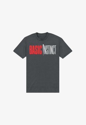 Grå bomulds t-shirt med fed rød og hvid tekst, der står "BASIC INSTINCT," med et rent design og korte ærmer.
