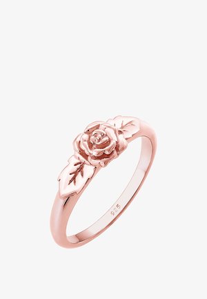 Rose gold ring med et blomstermotiv med en rosencenter og blade, fremstillet af 925 sterling sølv, med poleret finish.