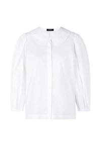 White blouse with a rounded collar, button-up front, and puff sleeves. Made of smooth fabric with slight sheen and gathered cuffs.