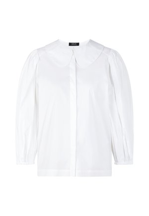 White blouse with a rounded collar, button-up front, and puff sleeves. Made of smooth fabric with slight sheen and gathered cuffs.
