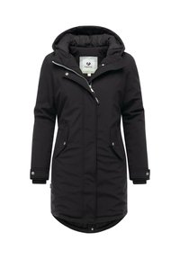 Black long parka jacket with a hood, zip closure, two front pockets, ribbed cuffs, and quilted inner lining. Smooth exterior texture.