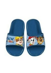 Sandales bleues à semelle texturée ; le matériau en caoutchouc présente un design coloré de personnage de Paw Patrol sur la lanière.