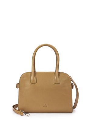 Tan leather handbag with two top handles and a detachable shoulder strap, minimalist design, and small embossed brand logo.