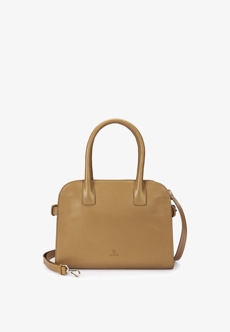 Tan leather handbag with two top handles and a detachable shoulder strap, minimalist design, and small embossed brand logo.