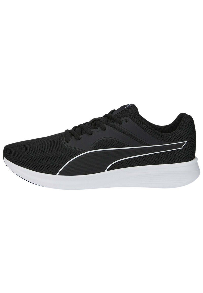 Zapatillas deportivas negras con parte superior de malla, detalles blancos a lo largo del costado, suela plana, diseño de cordones y cuello acolchado para mayor comodidad.