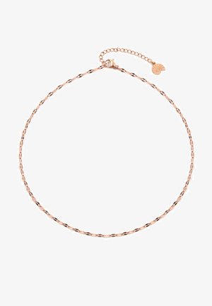 Halskette aus Roségold mit einem gedrehten Design, ausgestattet mit einem Karabinerverschluss und einer verstellbaren Länge sowie einem kleinen Anhänger.