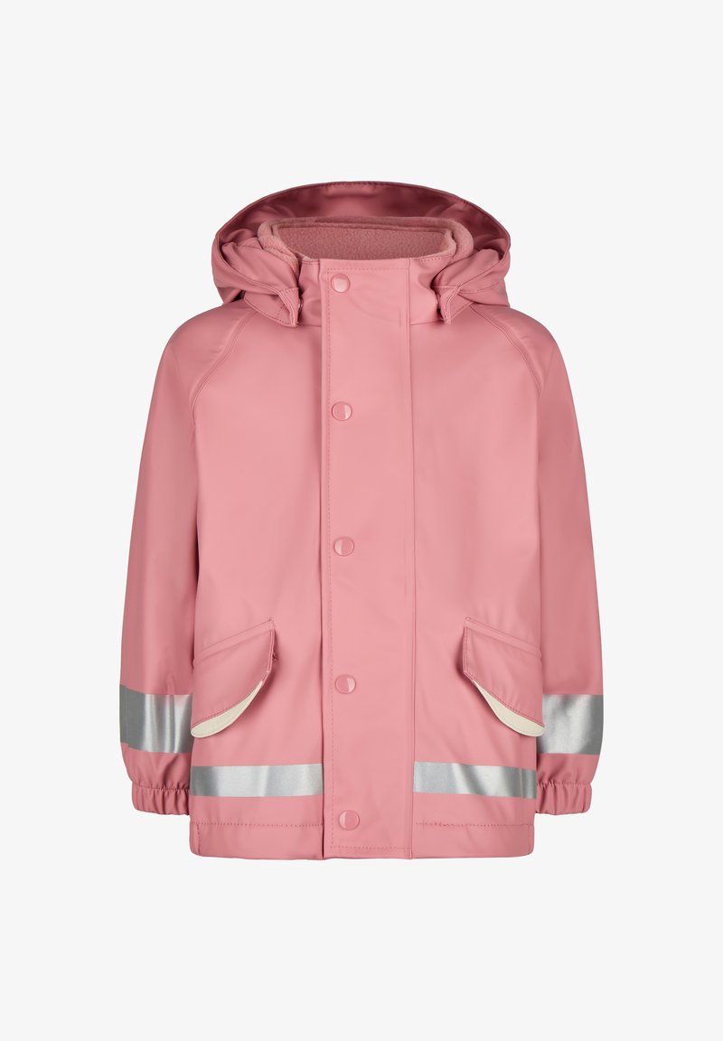 Rosa wasserdichte Jacke aus glattem Material, mit Kapuze, silbernen reflektierenden Streifen und zwei Fronttaschen mit Klappen.