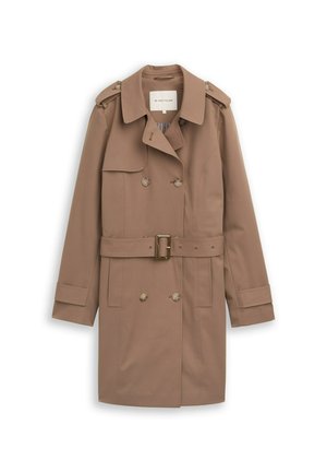 Beige double-breasted trench coat with a waist belt, buttoned epaulets, and long sleeves, labeled Tom Tailor.