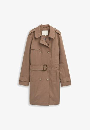 Beige dubbelgeknoopte trenchcoat met een tailleceintuur, knoopepauletten en lange mouwen, gelabeld Tom Tailor.