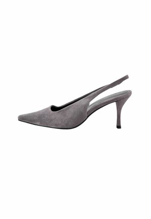 Grauer Veloursleder-Damenslingback mit spitzer Zehe und schlankem mittelhohem Absatz auf weißem Hintergrund.