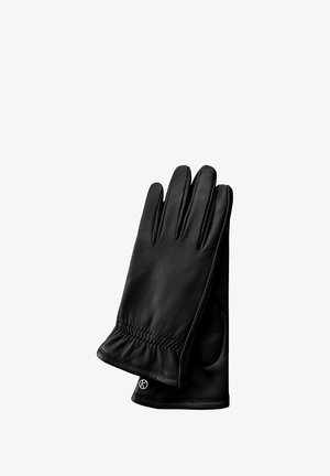 Black leather gloves with five fingers, elasticated cuff, smooth texture, and logo detail at the wrist. Classic design for cold weather.
