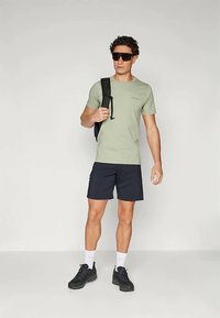 Šviesiai žalia marškinėlių su apvaliu kaklu, tamsiai mėlynos šortai, juodi žygio batai ir akinių nuo saulės. Laikydamas juodą kuprinę, stovi ant neutralios fono.