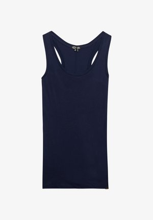 Marineblauwe mouwloze tanktop met een brede ronde halslijn, racerback-design en zachte katoen stof. Geen zichtbare patronen of hardware.
