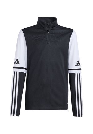 Schwarz-weißes Langarmpullover mit Stehkragen, Viertelreißverschluss und drei weißen Streifen an den Ärmeln. Hergestellt aus geripptem Stoff.