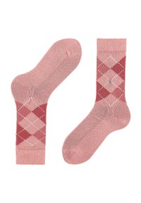 Różowe skarpetki z wzorem w argyle w różnych odcieniach różu z białymi akcentami. Gładka tekstura, długość do kostki i dekoracyjny detal na górze.