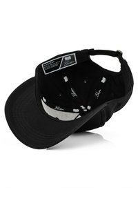 Black cap with a curved brim, featuring a simple design. Interior lined with a pattern of white shells and logos. Adjustable strap at the back.