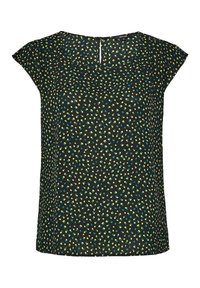 Blusa nera a maniche corte con scollo rotondo, caratterizzata da un motivo a pois multicolori in verde e giallo su uno sfondo scuro.