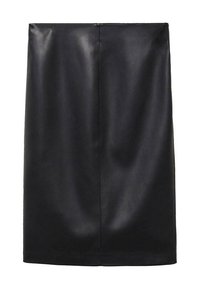 Jupe crayon en similicuir noir avec détail de couture centrale, longueur genou et texture lisse.