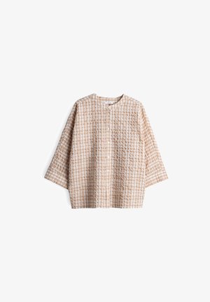 Light brown and white checkered shirt with a round neckline, seven buttons down the front, and three-quarter length sleeves.