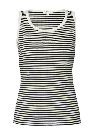 Bezrękawnik prążkowany z czarno-białymi poziomymi paskami i okrągłym dekoltem, rozmiar 36 od s.Oliver.