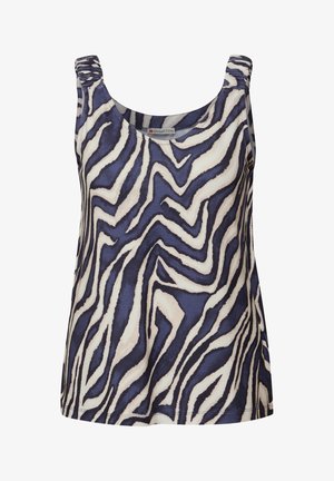 Hihaton tanktoppi, jossa on leveät olkaimet ja sinivalkoinen abstrakti seeprahaita-kuvio.