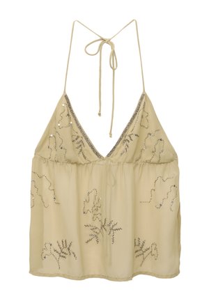 Haut en chiffon beige avec un décolleté en V profond, des liens ajustables au dos et des embellissements en perles argentées sous forme de motifs floraux. Léger et transparent.