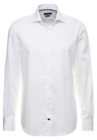Camicia bianca a maniche lunghe in cotone liscio, con colletto classico e chiusura a bottoni, dotata di un piccolo logo decorativo sull'orlo.