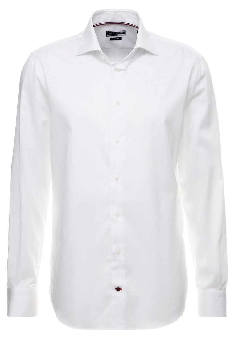 Camicia bianca a maniche lunghe in cotone liscio, con colletto classico e chiusura a bottoni, dotata di un piccolo logo decorativo sull'orlo.