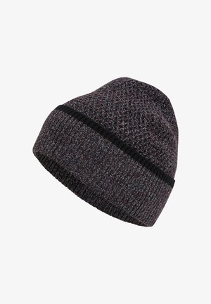 Dark gray knitted beanie with folded cuff and subtle lighter and black thread pattern, isolated on white background.