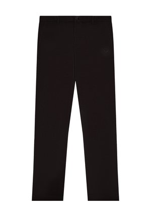 Pantalon noir à jambes droites avec poches latérales, fermeture par bouton et zip, et logo brodé discret sur la cuisse droite.